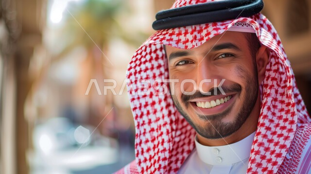 الاهتمام بالأناقة والمظهر الخارجي، صورة مقربة لرجل عربي خليجي سعودي مبتسم يرتدي الشماغ والثوب التقليدي ينظر إلى الكاميرا بإيماءات السرور، الشعور بالثقة في النفس، صورة شخصية للوثائق الرسمية