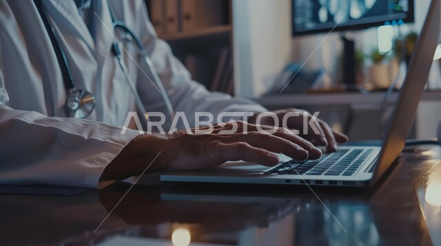تقديم الاستشارات والنصائح للمرضى عن بعد, دمج التقنيات الحديثة بالعمل, صورة مقربة لطبيب عربي خليجي سعودي يرتدي المعطف الطبي و يضع السماعة الطبية يجلس على المكتب و يقوم بالكتابة على الحاسب المحمول, استخدام الأجهزة التقنية المتطورة