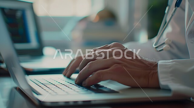 تقديم الاستشارات والنصائح للمرضى عن بعد, دمج التقنيات الحديثة بالعمل, صورة مقربة لطبيب عربي خليجي سعودي يرتدي المعطف الطبي و يضع السماعة الطبية يجلس على المكتب و يقوم بالكتابة على الحاسب المحمول, استخدام الأجهزة التقنية المتطورة