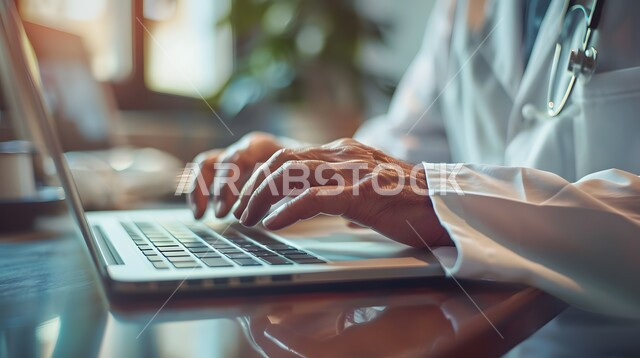 تقديم الاستشارات والنصائح للمرضى عن بعد, دمج التقنيات الحديثة بالعمل, صورة مقربة لطبيب عربي خليجي سعودي يرتدي المعطف الطبي و يضع السماعة الطبية يجلس على المكتب و يقوم بالكتابة على الحاسب المحمول, استخدام الأجهزة التقنية المتطورة