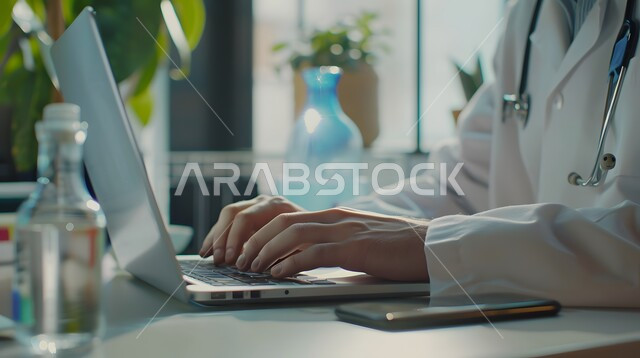 تقديم الاستشارات والنصائح للمرضى عن بعد, دمج التقنيات الحديثة بالعمل, صورة مقربة لطبيب عربي خليجي سعودي يرتدي المعطف الطبي و يضع السماعة الطبية يجلس على المكتب و يقوم بالكتابة على الحاسب المحمول, استخدام الأجهزة التقنية المتطورة