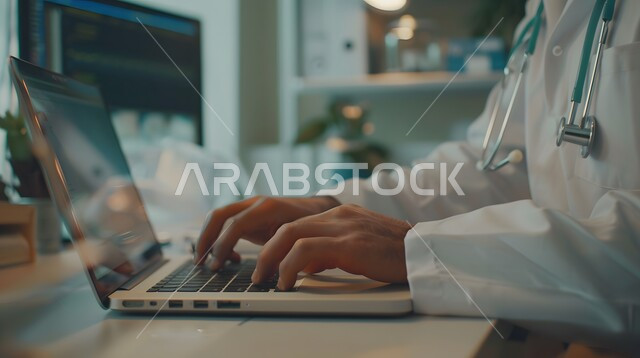 تقديم الاستشارات والنصائح للمرضى عن بعد, دمج التقنيات الحديثة بالعمل, صورة مقربة لطبيب عربي خليجي سعودي يرتدي المعطف الطبي و يضع السماعة الطبية يجلس على المكتب و يقوم بالكتابة على الحاسب المحمول, استخدام الأجهزة التقنية المتطورة