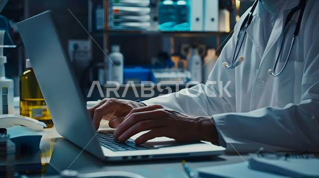 تقديم الاستشارات والنصائح للمرضى عن بعد, دمج التقنيات الحديثة بالعمل, صورة مقربة لطبيب عربي خليجي سعودي يرتدي المعطف الطبي و يضع السماعة الطبية يجلس على المكتب و يقوم بالكتابة على الحاسب المحمول, استخدام الأجهزة التقنية المتطورة