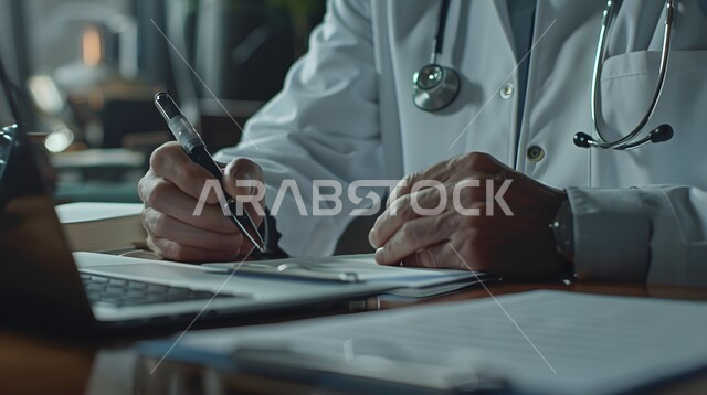 تقديم الاستشارات والنصائح للمرضى عن بعد, دمج التقنيات الحديثة بالعمل, صورة مقربة لطبيب عربي خليجي سعودي يرتدي المعطف الطبي و يضع السماعة الطبية يجلس على المكتب و يقوم بالكتابة على الحاسب المحمول, استخدام الأجهزة التقنية المتطورة