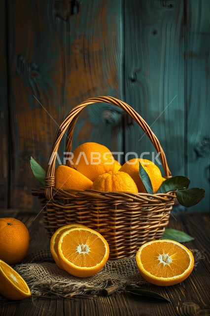صورة مقربة لحبات البرتقال الطازج في سلة تقليدية  مصنوعة من القش، فاكهة منعشة ولذيذة، نوع من الفواكه يدل على قدوم فصل الشتاء، المصدر الرئيسي لفيتامين سي، دواء فعال للوقاية من الزكام ونزلات البرد، ثمار الحمضيات الطبيعية الناضجة 