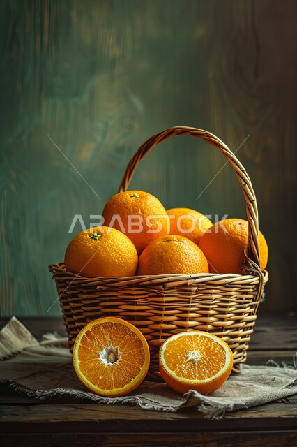 صورة مقربة لحبات البرتقال الطازج في سلة تقليدية  مصنوعة من القش، فاكهة منعشة ولذيذة، نوع من الفواكه يدل على قدوم فصل الشتاء، المصدر الرئيسي لفيتامين سي، دواء فعال للوقاية من الزكام ونزلات البرد، ثمار الحمضيات الطبيعية الناضجة 