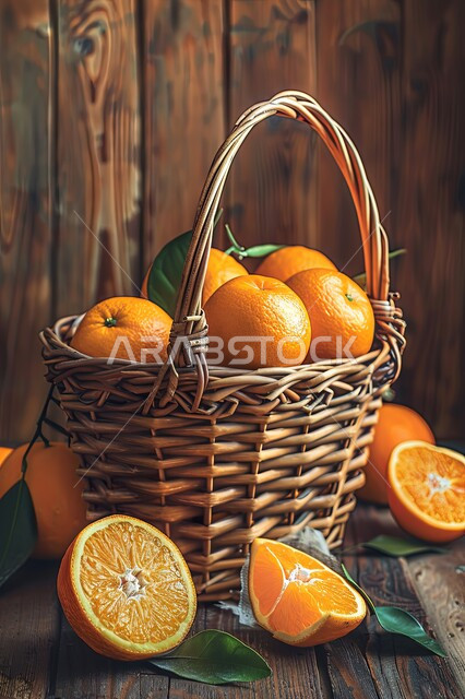 Close up of fresh oranges in a traditional straw basket, refreshing and delicious fruit, a type of fruit that indicates the arrival of winter, the main source of vitamin C, an effective medicine to prevent colds and flu, ripe natural citrus fruits