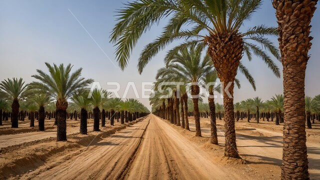 Palm trees in agricultural lands and fields, agricultural heritage in the Kingdom of Saudi Arabia, date palm farms, green nature reserves, date harvest season, local national crops and products