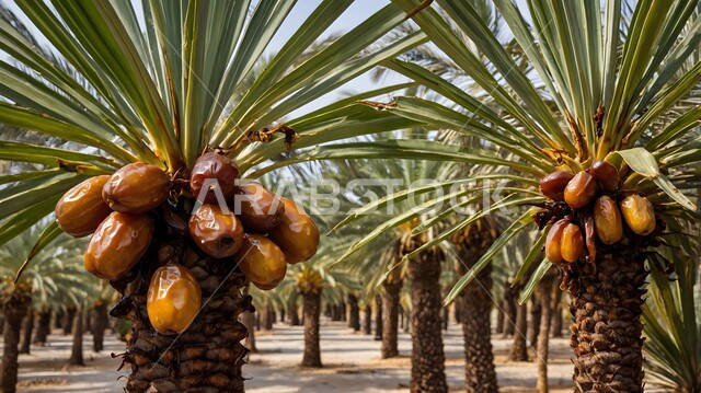Palm trees in agricultural lands and fields, agricultural heritage in the Kingdom of Saudi Arabia, date palm farms, green nature reserves, date harvest season, local national crops and products