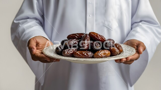 جودة منتجات التمر السعودي, بورتريه لرجل عربي خليجي يرتدي الزي السعودي التقليدي يحمل بيده طبق من التمر الطازج، حسن الضيافه في رمضان, منتجات محاصيل زراعية سعودية، خلفيه بيضاء