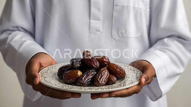 جودة منتجات التمر السعودي, بورتريه لرجل عربي خليجي يرتدي الزي السعودي التقليدي يحمل بيده طبق من التمر الطازج، حسن الضيافه في رمضان, منتجات محاصيل زراعية سعودية، خلفيه بيضاء