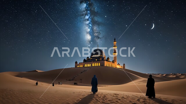مسجد صحراوي تحت سماء ليلية مرصعة بالنجوم اللامعة مع مجرة درب التبانة، مفهوم الثقافة وعلم الفلك، الكثبان الرملية الذهبية والتضاريس والبيئة الصحراوية في صحراء المملكة العربية السعودية، أداء الصلوات المفروضة في الجامع، الهضاب والتلال الرملية الناعمة، خلفية طبيعية