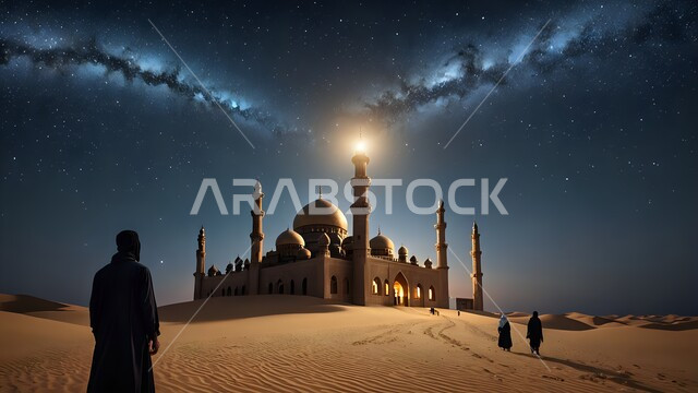 مسجد صحراوي تحت سماء ليلية مرصعة بالنجوم اللامعة مع مجرة درب التبانة، مفهوم الثقافة وعلم الفلك، الكثبان الرملية الذهبية والتضاريس والبيئة الصحراوية في صحراء المملكة العربية السعودية، أداء الصلوات المفروضة في الجامع، الهضاب والتلال الرملية الناعمة، خلفية طبيعية