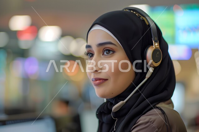 مفهوم خدمة العملاء،  الإجابة على الأسئلة والاستفسارات, قسم الاستعلامات والاتصال، امرأة عربية خليجية سعودية محجبة ترتدي سماعات الرأس وتعمل على الحاسوب المحمول في المكتب, مهن ووظائف مكتبية نسائية, دمج العمل مع التقنية والتكنولوجيا, إدارة وتنظيم أعمال الشركة