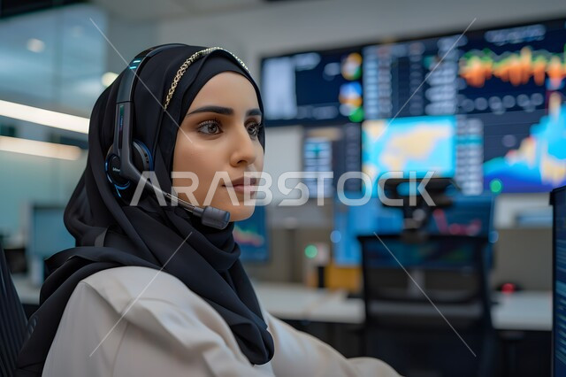مفهوم خدمة العملاء،  الإجابة على الأسئلة والاستفسارات, قسم الاستعلامات والاتصال، امرأة عربية خليجية سعودية محجبة ترتدي سماعات الرأس وتعمل على الحاسوب المحمول في المكتب, مهن ووظائف مكتبية نسائية, دمج العمل مع التقنية والتكنولوجيا, إدارة وتنظيم أعمال الشركة