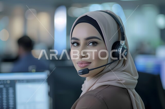مفهوم خدمة العملاء،  الإجابة على الأسئلة والاستفسارات, قسم الاستعلامات والاتصال، امرأة عربية خليجية سعودية محجبة ترتدي سماعات الرأس وتعمل على الحاسوب المحمول في المكتب, مهن ووظائف مكتبية نسائية, دمج العمل مع التقنية والتكنولوجيا, إدارة وتنظيم أعمال الشركة