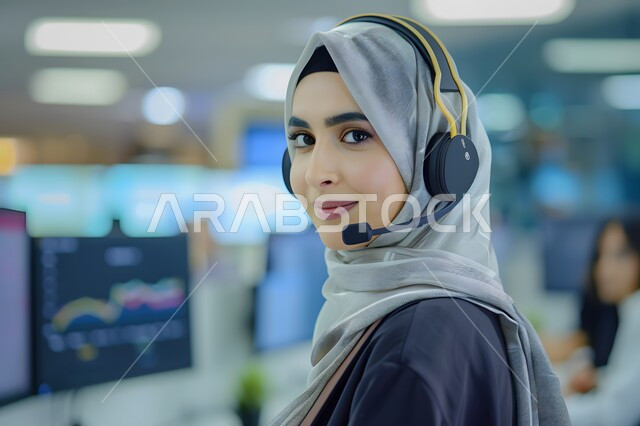 مفهوم خدمة العملاء،  الإجابة على الأسئلة والاستفسارات, قسم الاستعلامات والاتصال، امرأة عربية خليجية سعودية محجبة ترتدي سماعات الرأس وتعمل على الحاسوب المحمول في المكتب, مهن ووظائف مكتبية نسائية, دمج العمل مع التقنية والتكنولوجيا, إدارة وتنظيم أعمال الشركة