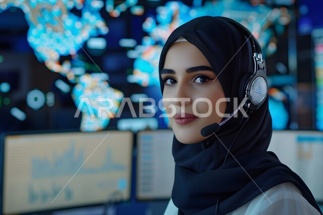 إدارة وتنظيم أعمال الشركة، مفهوم خدمة العملاء،  الإجابة على الأسئلة والاستفسارات, قسم الاستعلامات والاتصال، امرأة عربية خليجية سعودية محجبة ترتدي سماعات الرأس وتعمل على الحاسوب المحمول في المكتب, مهن ووظائف مكتبية نسائية, دمج العمل مع التقنية والتكنولوجيا