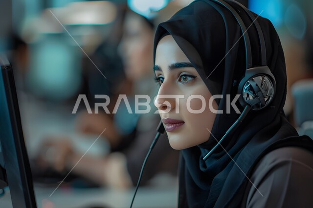 إدارة وتنظيم أعمال الشركة، مفهوم خدمة العملاء،  الإجابة على الأسئلة والاستفسارات, قسم الاستعلامات والاتصال، امرأة عربية خليجية سعودية محجبة ترتدي سماعات الرأس وتعمل على الحاسوب المحمول في المكتب, مهن ووظائف مكتبية نسائية, دمج العمل مع التقنية والتكنولوجيا