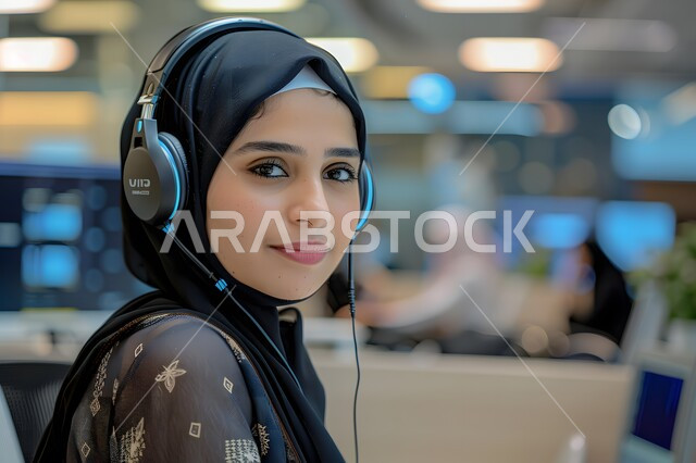 إدارة وتنظيم أعمال الشركة، مفهوم خدمة العملاء،  الإجابة على الأسئلة والاستفسارات, قسم الاستعلامات والاتصال، امرأة عربية خليجية سعودية محجبة ترتدي سماعات الرأس وتعمل على الحاسوب المحمول في المكتب, مهن ووظائف مكتبية نسائية, دمج العمل مع التقنية والتكنولوجيا