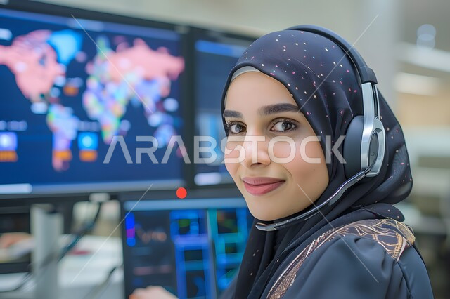 إدارة وتنظيم أعمال الشركة، مفهوم خدمة العملاء،  الإجابة على الأسئلة والاستفسارات, قسم الاستعلامات والاتصال، امرأة عربية خليجية سعودية محجبة ترتدي سماعات الرأس وتعمل على الحاسوب المحمول في المكتب, مهن ووظائف مكتبية نسائية, دمج العمل مع التقنية والتكنولوجيا