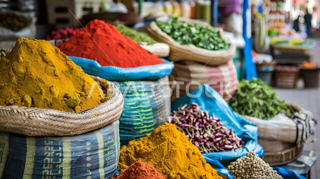 الاسواق التقليدية الشعبية لبيع البهارات والعطريات, محاصيل زراعية ومنتجات وطنية محلية سعودية، منكهات وملونات طبيعية للمأكولات والأطعمة، نباتات ذات فوائد صحية وعلاجية، منظر لعرض التوابل الملونة والمتنوعة والحبوب