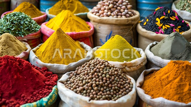 الاسواق التقليدية الشعبية لبيع البهارات والعطريات, محاصيل زراعية ومنتجات وطنية محلية سعودية، منكهات وملونات طبيعية للمأكولات والأطعمة، نباتات ذات فوائد صحية وعلاجية، منظر لعرض التوابل الملونة والمتنوعة والحبوب