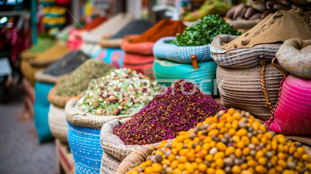 الاسواق التقليدية الشعبية لبيع البهارات والعطريات, محاصيل زراعية ومنتجات وطنية محلية سعودية، منكهات وملونات طبيعية للمأكولات والأطعمة، نباتات ذات فوائد صحية وعلاجية، منظر لعرض التوابل الملونة والمتنوعة والحبوب
