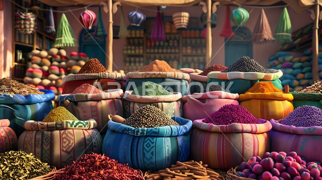 الاسواق التقليدية الشعبية لبيع البهارات والعطريات, محاصيل زراعية ومنتجات وطنية محلية سعودية، منكهات وملونات طبيعية للمأكولات والأطعمة، نباتات ذات فوائد صحية وعلاجية، منظر لعرض التوابل الملونة والمتنوعة والحبوب