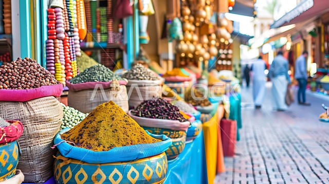 الاسواق التقليدية الشعبية لبيع البهارات والعطريات, محاصيل زراعية ومنتجات وطنية محلية سعودية، منكهات وملونات طبيعية للمأكولات والأطعمة، نباتات ذات فوائد صحية وعلاجية، منظر لعرض التوابل الملونة والمتنوعة والحبوب