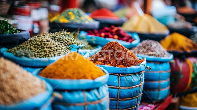 منظر لعرض التوابل الملونة والمتنوعة والحبوب, الاسواق التقليدية الشعبية لبيع البهارات والعطريات, محاصيل زراعية ومنتجات وطنية محلية سعودية، منكهات وملونات طبيعية للمأكولات والأطعمة، نباتات ذات فوائد صحية وعلاجية 
