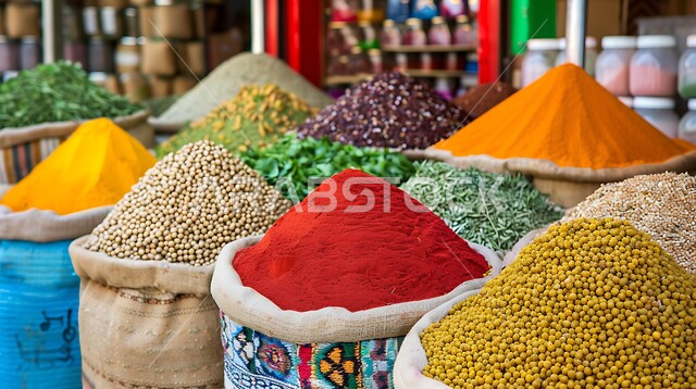 منظر لعرض التوابل الملونة والمتنوعة والحبوب, الاسواق التقليدية الشعبية لبيع البهارات والعطريات, محاصيل زراعية ومنتجات وطنية محلية سعودية، منكهات وملونات طبيعية للمأكولات والأطعمة، نباتات ذات فوائد صحية وعلاجية 