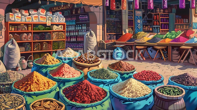View of a display of colorful and varied spices and grains, popular traditional markets for selling spices and aromatics, agricultural crops and local Saudi national products, natural flavorings and colorings for foods and foods, plants with health and medicinal benefits.