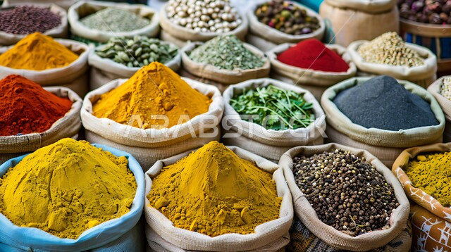منظر لعرض التوابل الملونة والمتنوعة والحبوب, الاسواق التقليدية الشعبية لبيع البهارات والعطريات, محاصيل زراعية ومنتجات وطنية محلية سعودية، منكهات وملونات طبيعية للمأكولات والأطعمة، نباتات ذات فوائد صحية وعلاجية 