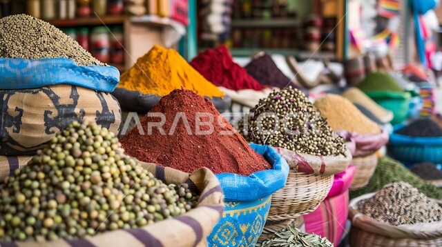 View of a display of colorful and varied spices and grains, popular traditional markets for selling spices and aromatics, agricultural crops and local Saudi national products, natural flavorings and colorings for foods and foods, plants with health and medicinal benefits.