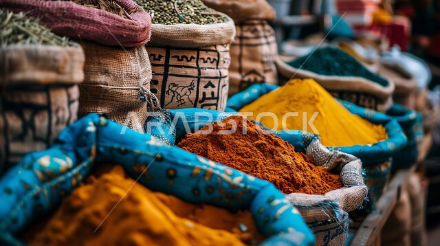 منظر لعرض التوابل الملونة والمتنوعة والحبوب, الاسواق التقليدية الشعبية لبيع البهارات والعطريات, محاصيل زراعية ومنتجات وطنية محلية سعودية، منكهات وملونات طبيعية للمأكولات والأطعمة، نباتات ذات فوائد صحية وعلاجية 
