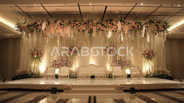 قاعة حفل زفاف مزينة بالأزهار المتنوعة، الديكورات والتصاميم العصرية الحديثة، التحف والاكسسوارات والزينة الراقية، تصميم داخلي أنيق وبسيط، المناسبات في القاعات الفاخرة في السعودية، الاهتمام بنبات الزينة, اصالة العادات والتقاليد في المملكة, مراسم الأعراس والزواج