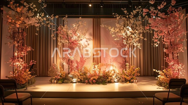 قاعة حفل زفاف مزينة بالأزهار المتنوعة، الديكورات والتصاميم العصرية الحديثة، التحف والاكسسوارات والزينة الراقية، تصميم داخلي أنيق وبسيط، المناسبات في القاعات الفاخرة في السعودية، الاهتمام بنبات الزينة, اصالة العادات والتقاليد في المملكة, مراسم الأعراس والزواج