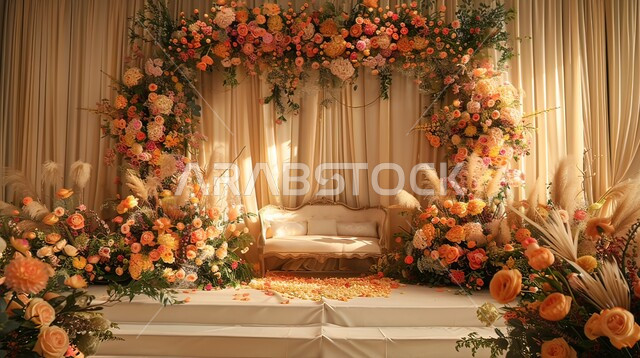 قاعة حفل زفاف مزينة بالأزهار المتنوعة، الديكورات والتصاميم العصرية الحديثة، التحف والاكسسوارات والزينة الراقية، تصميم داخلي أنيق وبسيط، المناسبات في القاعات الفاخرة في السعودية، الاهتمام بنبات الزينة, اصالة العادات والتقاليد في المملكة, مراسم الأعراس والزواج