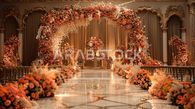 قاعة حفل زفاف مزينة بالأزهار المتنوعة, المناسبات بالقاعات الفاخرة في السعودية, اصالة العادات والتقاليد في المملكة، الديكورات والتصاميم العصرية الحديثة، التحف والاكسسوارات والزينة الراقية، تصميم داخلي أنيق وبسيط، الاهتمام بنبات الزينة, مراسم الأعراس والزواج