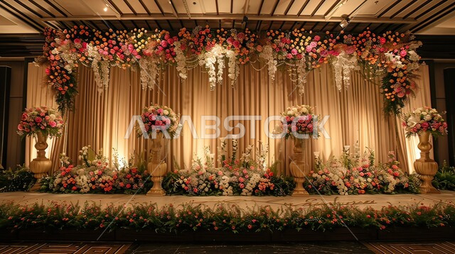 قاعة حفل زفاف مزينة بالأزهار المتنوعة, المناسبات بالقاعات الفاخرة في السعودية, اصالة العادات والتقاليد في المملكة، الديكورات والتصاميم العصرية الحديثة، التحف والاكسسوارات والزينة الراقية، تصميم داخلي أنيق وبسيط، الاهتمام بنبات الزينة, مراسم الأعراس والزواج