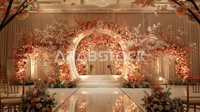 A wedding hall decorated with various flowers, events in luxurious halls in Saudi Arabia, the authenticity of customs and traditions in the Kingdom, modern decorations and designs, antiques, accessories and high-end decorations, elegant and simple interior design, attention to ornamental plants, wedding and marriage ceremonies