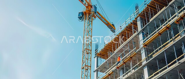  مبنى قيد الانشاء في المملكة العربية السعودية, أعمال البناء وصب الخرسانات ووضع الأساسات, الآلات والمعدات الثقيلة والرافعات والسقالات العالية, مفهوم الهندسة الانشائية والمعمارية, تنفيذ مخطط الإعمار وتشكيل الهيكل المعدني, برج تحت التشييد مقابل السماء الزرقاء باستخدام الآليات الحديثة