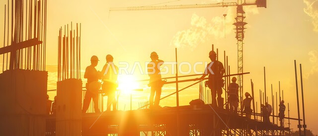 Construction, contracting and real estate development work, engineering professions and jobs, creating foundations and structures for residential projects and factories, construction of buildings and huge projects, silhouettes of Saudi Gulf Arab engineers working on the construction site, supervising the progress of the work plan