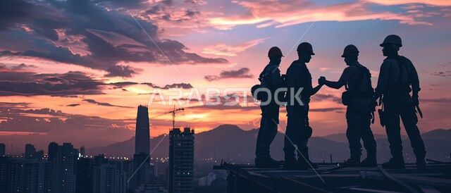 Construction, contracting and real estate development work, engineering professions and jobs, creating foundations and structures for residential projects and factories, construction of buildings and huge projects, silhouettes of Saudi Gulf Arab engineers working on the construction site, supervising the progress of the work plan