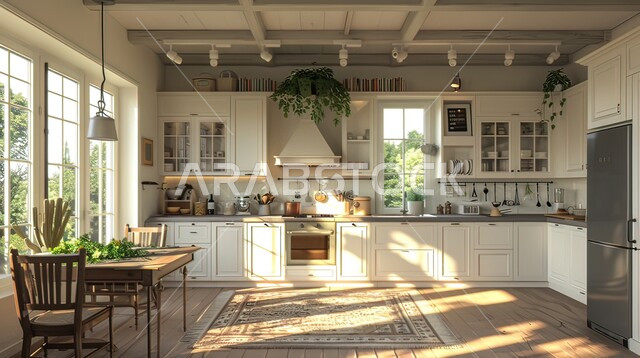 أثاث منزلي حديث بلمسة ريفية هادئة، تصميم داخلي أنيق لمطبخ على الطراز الريفي، تصميمات وديكورات بسيطة، مطابخ عصرية متميزة