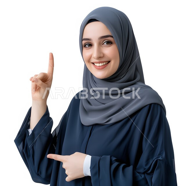 مفهوم الأنوثة والنعومة والاهتمام بالمظهر الخارجي، امرأة عربية خليجية سعودية محجبة تنظر الى الكاميرا بإيماءات الثقة بالنفس، ملابس وحجابات نسائية عصرية راقية، اسنان ناصعة البياض,