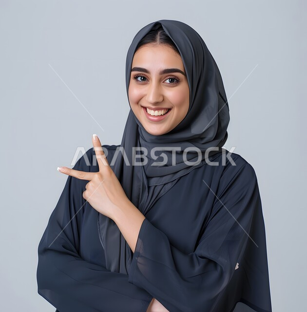 The concept of femininity, softness, and attention to external appearance, a veiled Saudi Arabian Gulf woman looking at the camera with gestures of self-confidence, sophisticated modern women’s clothing and veils, bright white teeth,