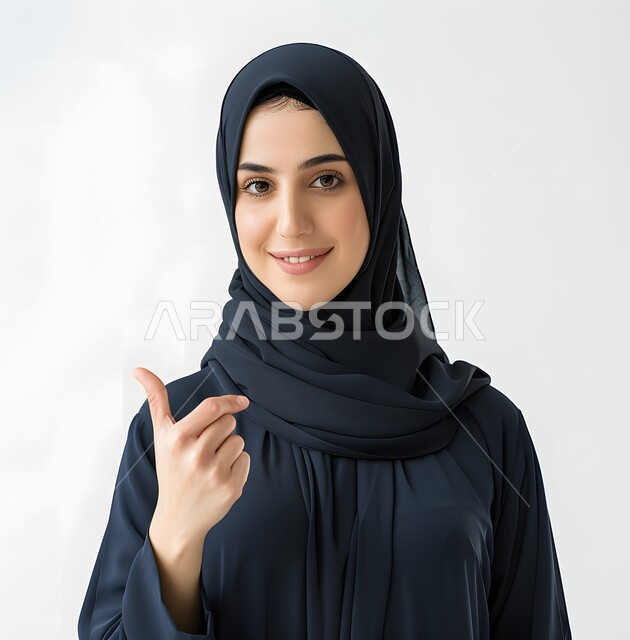 مفهوم الأنوثة والنعومة والاهتمام بالمظهر الخارجي، امرأة عربية خليجية سعودية محجبة تنظر الى الكاميرا بإيماءات الثقة بالنفس، ملابس وحجابات نسائية عصرية راقية، اسنان ناصعة البياض,