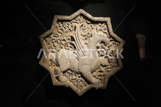 Stone artifacts from the Seljuk era of the Ottoman Empire, Biennale Museum of Islamic Arts in the Kingdom of Saudi Arabia, famous cultural landmarks in the city of Jeddah, distinctive religious artifacts, attractions and destinations for tourists and visitors to learn about the history of the Holy Land